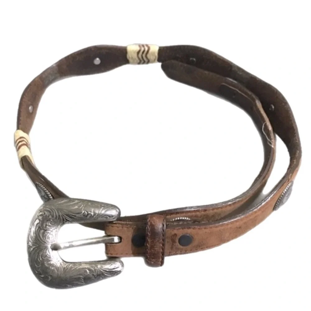 Tony Lama Vintage Western Rivet Leather Belt & Buckle Size 30 Cowgirl Rodeo Boho